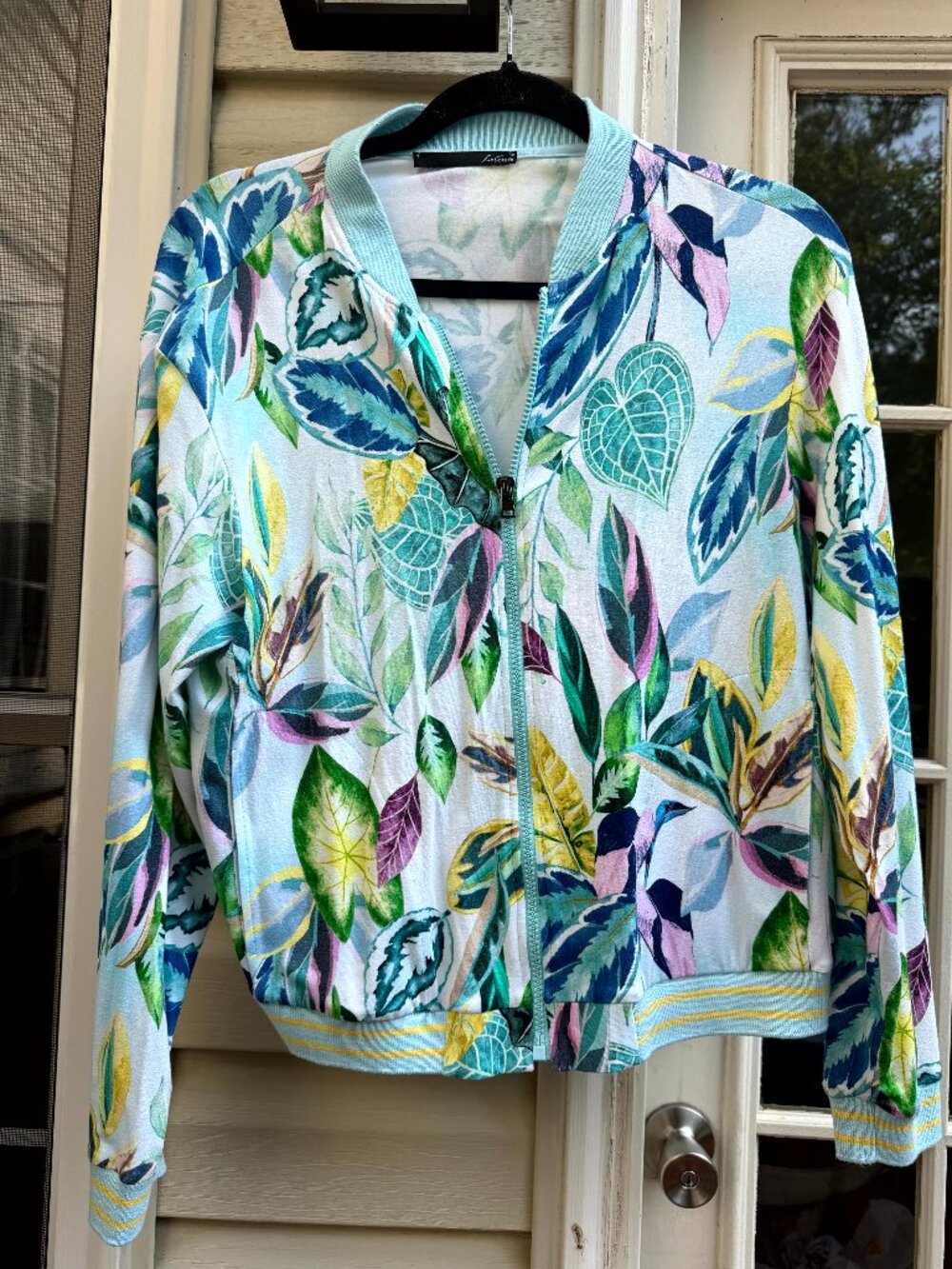 Le Comte Women's Tropical Leaf Print Zip Bomber Jacket Blue Green, Size 8